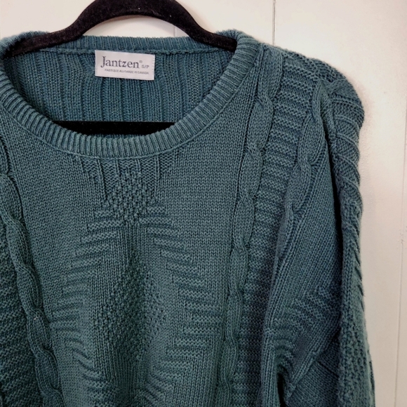Vintage Jantzen Green Crew Cable Knit Grandpa Sweater Eclectic 90s 1990s Preppy - Picture 3 of 9